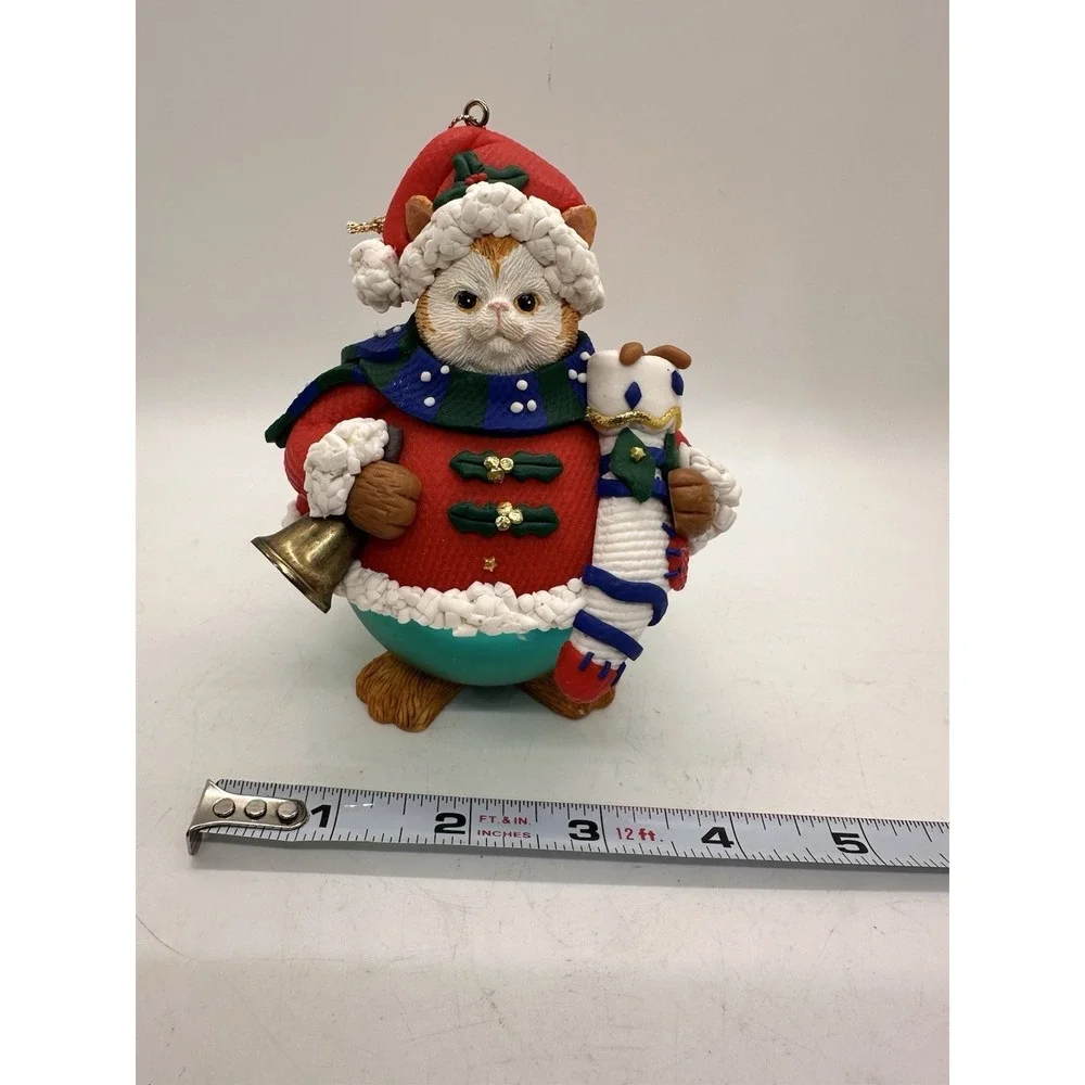 Handcrafted Christmas Cat Ornament Orange Tabby Santa Bell Polymer Clay‎